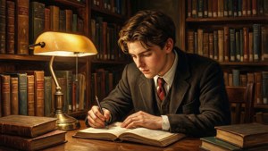 Étudiant concentré étudiant dans l'historique Bibliothèque Alexander à Rutgers avec une lumière de lampe chaude.