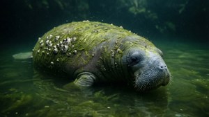 Gambar suram manatee dengan alga dan teritip di air keruh.