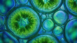Una vista microscopica di cellule di alghe con motivi circolari verdi e blu vibranti