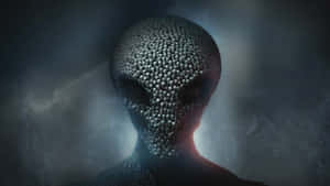 Alien creature with skull texture glowing in dark misty environment