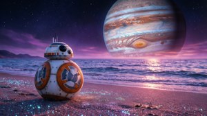 BB-8 på en glødende sandstrand under en gigantisk planet.
