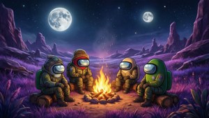 Et koselig bakgrunnsbilde av Among Us-mannskap rundt et bål på en fremmed planet med to måner og lilla gress