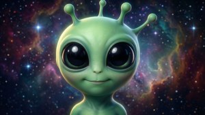 Alien chibi yang lucu dengan mata hitam besar melayang di luar angkasa, ideal untuk pecinta wallpaper sci-fi dan kawaii.