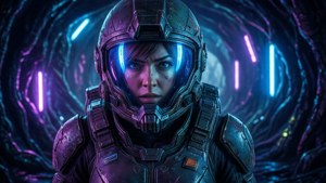 Samus in een gespannen sci-fi gang met neonverlichting, klaar voor actie.