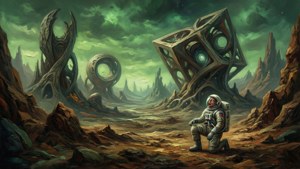 Kosmisk horror tapet med ikke-euklidiske strukturer på en fremmed verden.