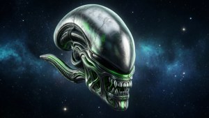 3D Alienware alienhuvud som svävar i rymden med stjärnor och nebula.