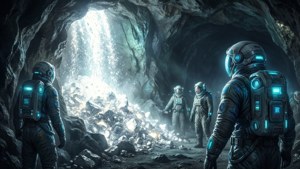 En futuristisk sci-fi-scene av en magnesiumgruve på en fremmed planet med glødende malm og romdraktsarbeidere.