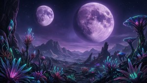 Paisagem alienígena surreal com luas gêmeas e plantas brilhantes.