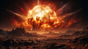 En supernova sett fra en steinete fremmed planet, som lyser opp himmelen.