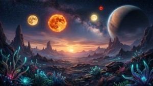 Um papel de parede de paisagem exoplanetária sonhadora com múltiplos sóis coloridos se pondo