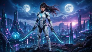 Futuristic warrior with glowing swords overlooking a neon alien city at night.