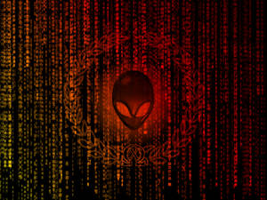 Cabeça alienígena em coroa de louros contra código digital caindo. — Alienware padrão Papéis de Parede
