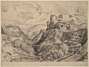 Alpine Landscape by Lucas van Doetechum, created c. 1555/1557, in etching and engraving on laid paper. Download this artwork as a high-resolution wallpaper for — Art Wallpaper