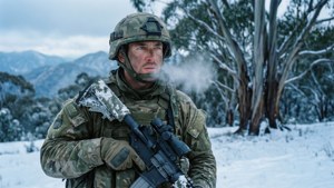 Un soldato australiano in mimetica invernale pattuglia una foresta alpina innevata