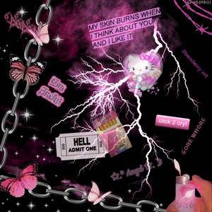 Pink lightning strikes around butterflies and a Hello Kitty figure with text overlays and a hand holding a lighter.