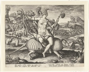 Amerika by Adriaen Collaert, created 1586 - 1591, in paper; engraving. Download this artwork as a high-resolution wallpaper for desktop, tablet, or mobile. — Adriaen Collaert Wallpaper