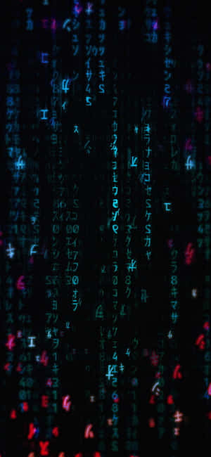 Glödande blå och röda japanska tecken faller som digitalt regn på en mörk skärm. — Matrix Bakgrundsbilder