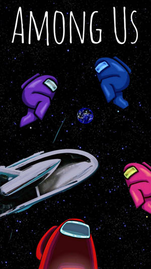 Among Us characters floating in space near a spaceship and Earth. — Among US Space Picture