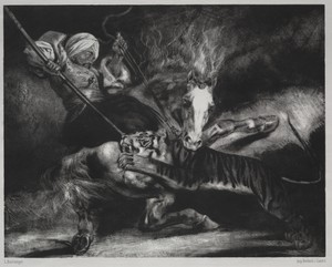 An Attack by a Tiger by Louis Boulanger, created 1830, in lithograph. Download this artwork as a high-resolution wallpaper for desktop, tablet, or mobile. — Louis Boulanger Wallpaper