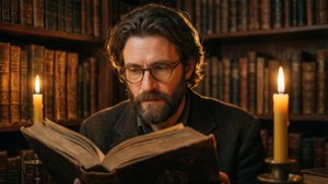 Von Lycaon estudiando textos antiguos en una biblioteca