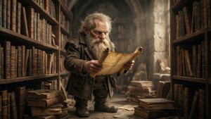 Dungeon Crawler Carl leser en skriftrull i et stort gammelt bibliotek