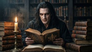 Silas bestudeert een occult boek in een donkere bibliotheek