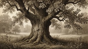 Un papier peint de gravure botanique aux tons sépia d'un chêne majestueux dans un champ brumeux
