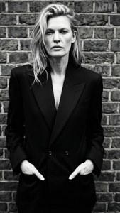 Kate Moss i jakkesæt mod murstensvæg, androgyn sort og hvid