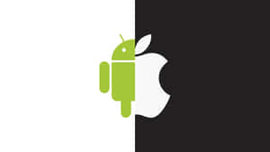 Green Android robot logo partially overlapping white Apple logo on split black and white background.
