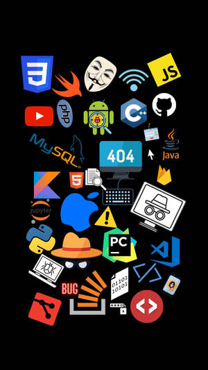 Uma coleção de logotipos e símbolos de tecnologia coloridos em um fundo preto. — Desenvolvedor Android Papéis de Parede