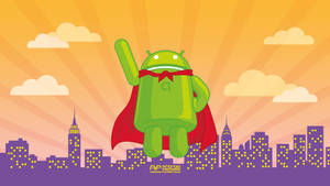 Super-herói Android verde com capa vermelha planando sobre uma cidade brilhante ao pôr do sol. — Desenvolvedor Android Papéis de Parede