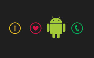 Ícone de robô Android com coração de informações e símbolos de telefone em fundo escuro. — Desenvolvedor Android Papéis de Parede