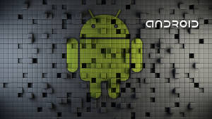 Robô Android verde feito de cubos em uma parede de cubos cinza com o texto 'android'. — Desenvolvedor Android Papéis de Parede