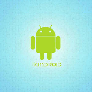 Green Android robot logo on blue textured background with reversed text