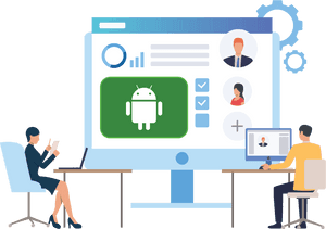 Two people working on Android app development with user profiles and analytics on a large screen.