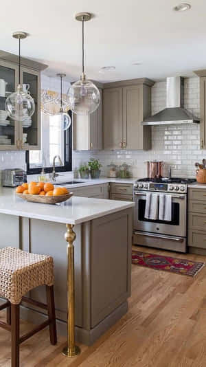 Gray kitchen with white subway tile brass fixtures and a bowl of oranges on a central island. — Kitchen Wallpaper