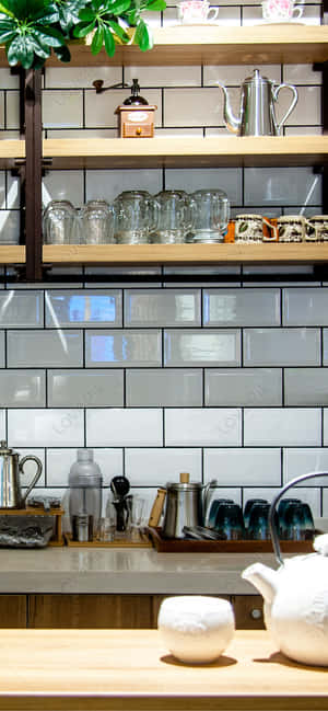 Modern kitchen with white tiles wooden shelves and glassware under warm lighting. — Kitchen Wallpaper