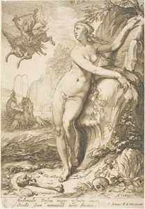 Andromeda by Jan Saenredam, created 1601 (printed 1650s), in Engraving on cream laid paper. Download this artwork as a high-resolution wallpaper for desktop, ta — Illustration Wallpaper