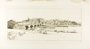 Angers: Panoramic View by Louis Auguste Lepère, created 1912, in Etching on cream laid paper. Download this artwork as a high-resolution wallpaper for desktop, — Illustration Background