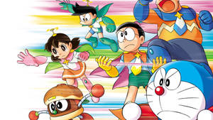 Doraemon and friends in a fast-paced anime adventure scene. — Cute Doraemon Background