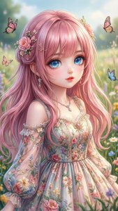 En lugn Gacha Life-karaktär i en blomsterfylld äng.