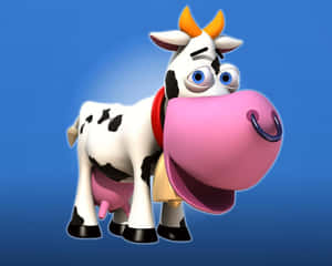 A cartoon cow with a pink nose and orange horns against a blue background. — Funny Cow Picture