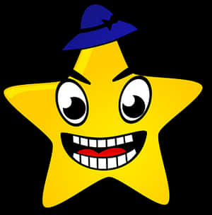 Uma estrela amarela de desenho animado usando um chapéu azul e sorrindo amplamente. — Feiticeiro Papéis de Parede
