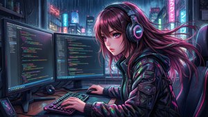 Anime-jente koder i et cyberpunk byrom om natten med neonlys