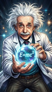 En anime-inspirert illustrasjon av Einstein med en glødende energikule