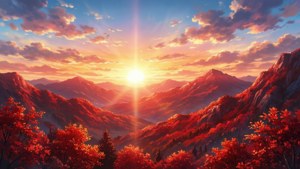 Pemandangan gunung merah cerah bergaya anime dengan matahari terbenam