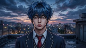 Nam Joo-hyuk style anime avec cheveux bleus sur un toit au crépuscule