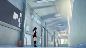 Uma garota em uniforme escolar fica sozinha em um corredor vazio com quadros de avisos e luzes fluorescentes. — Histórico escolar de anime Fundo Fundos