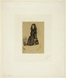 Annie by James McNeill Whistler, created 1857/58, in Etching with foul biting in black ink on tan China paper, laid down on ivory wove paper (chine collé). Down — Illustration Wallpaper