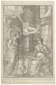 Annunciatie by Antoni van Leest, created 1571 - 1632, in paper; letterpress printing; houtsnede. Download this artwork as a high-resolution wallpaper for deskto